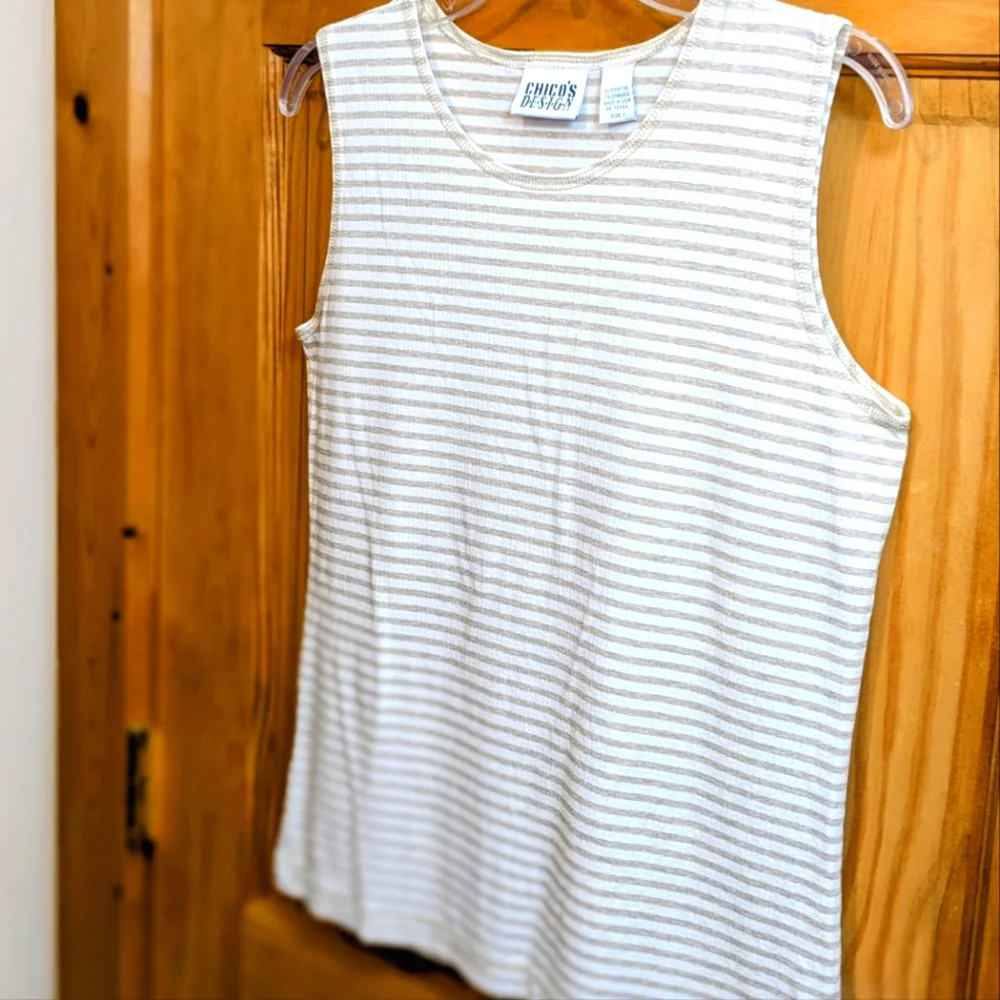 Chico’s Designs Women's Sz 3 Med Tank Top Beige Cream Stripes Sleeveless Stretch - Picture 6 of 9